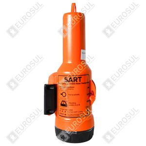 Radar Transponder Jotron Tron SART20 em vista frontal, destacando corpo laranja e instruções na lateral.