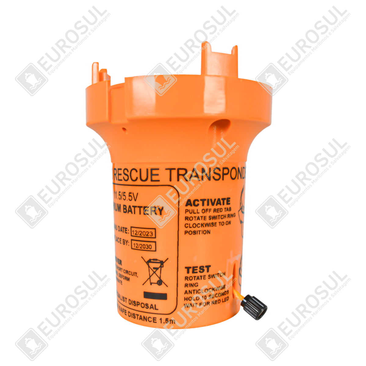 Bateria de Lítio SART S4 McMurdo em posição vertical, destacando etiquetas e instruções de uso na lateral.