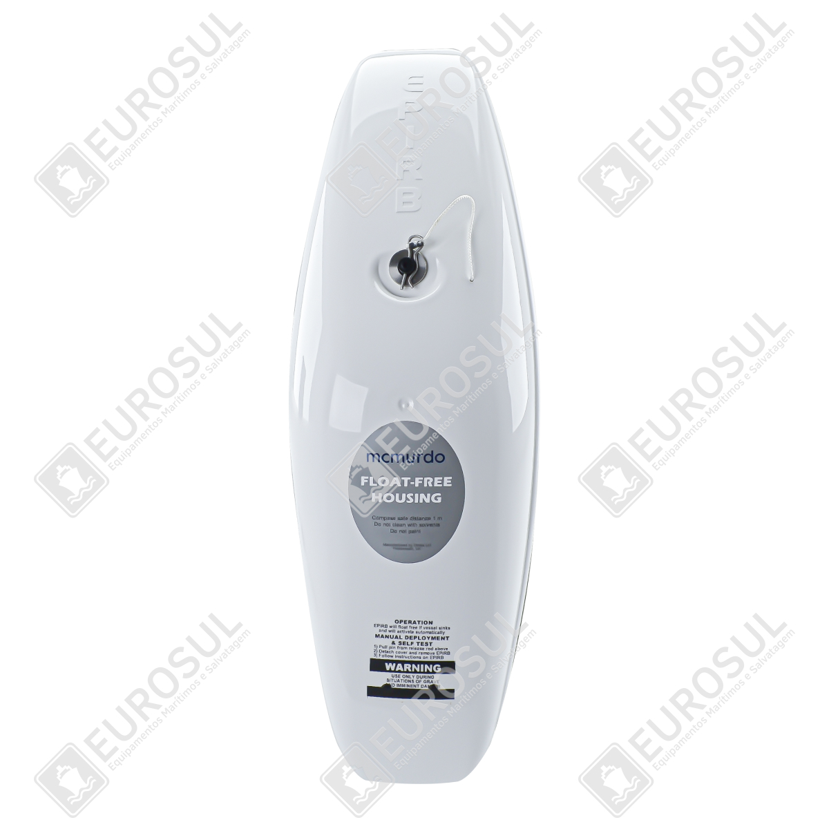 Casulo Float Free para EPIRB E5/G5, vista frontal. Design branco, logotipo McMurdo central, superfície lisa e brilhante.