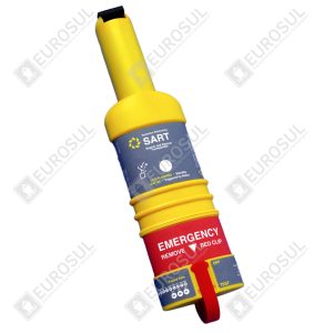 Seven Star S.701 SART, angled view, yellow and red emergency transponder with labels and instructions visible.