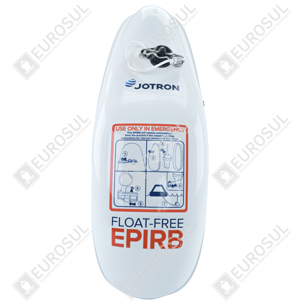 Front view of Jotron Float Free EPIRB housing with emergency instructions and logo visible.