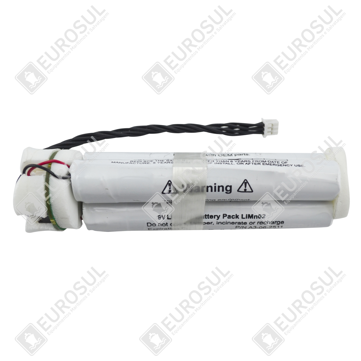 ACR 9V 2714.4NH Battery side view, white casing, warning label visible, black cable with connector attached.