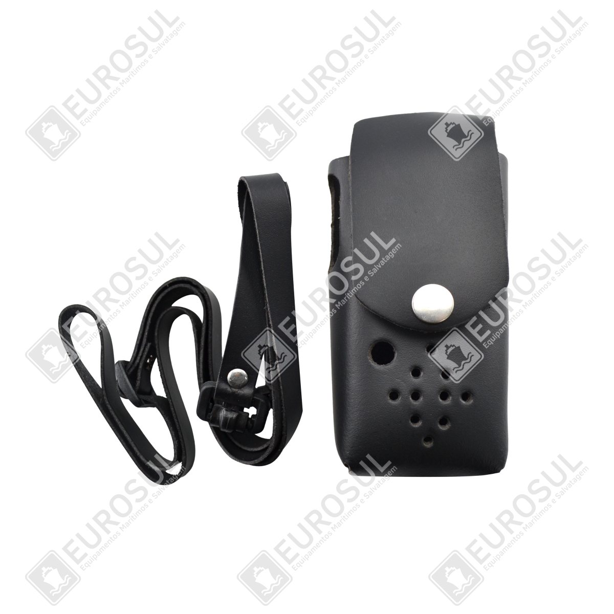 Front view of Entel CLC953 leather radio case with belt, showing button and ventilation holes.