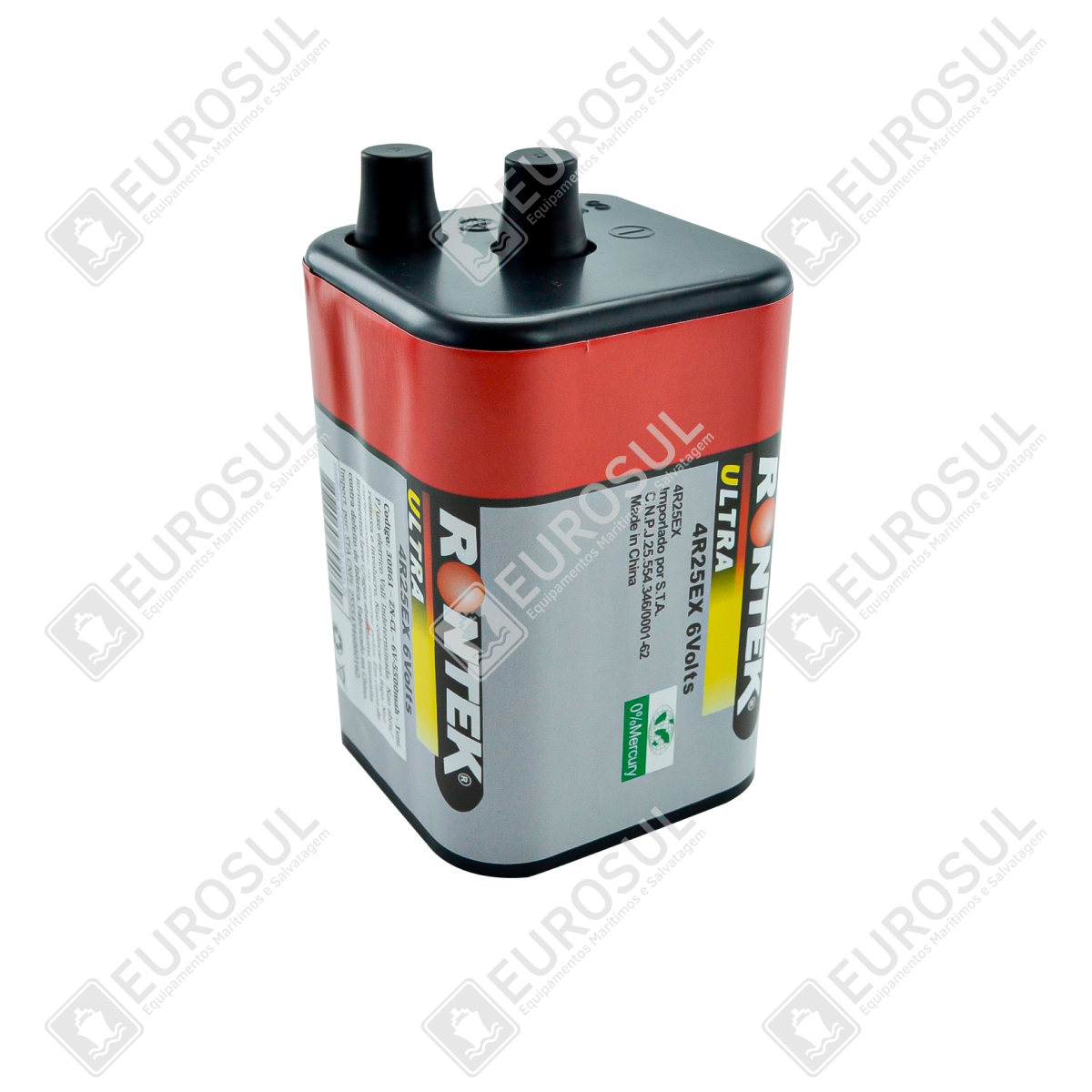 Rontek 6V 5500mAh battery, angled top view, showing dual terminals and red and gray casing with labels.