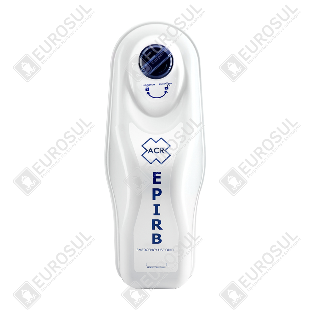 Casulo para EPIRB RLB-38 visto de frente, policarbonato branco com texto azul e logotipo ACR em destaque.