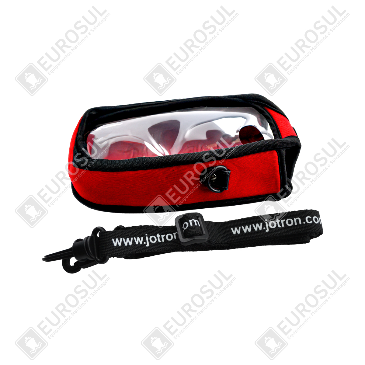 Red neoprene carry case for Tron TR30 radio, side angle, with clear front, black strap visible.