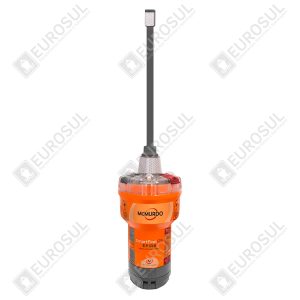 McMurdo SmartFind G8 EPIRB beacon, front view, orange casing, extended antenna, on white background.