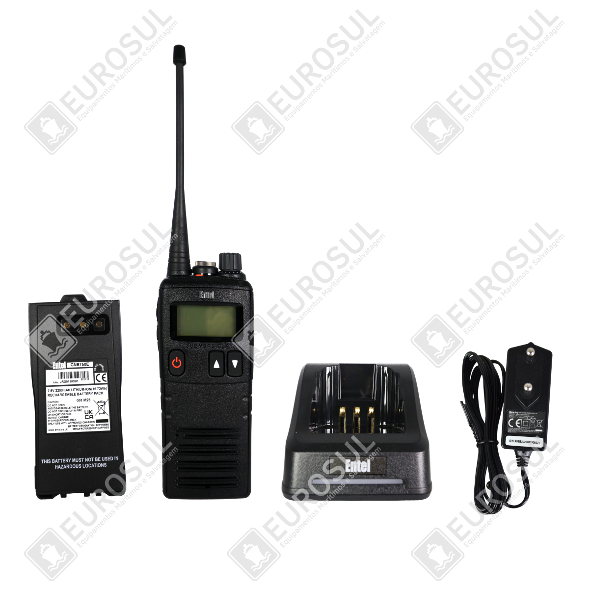 Portable UHF Maritime Radio HT783M with display, battery, charger, and power adapter, front view.
