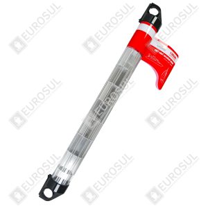 Lalizas Tubular Radar Reflector, angled side view, clear with red accents and packaging, enhancing boat visibility.