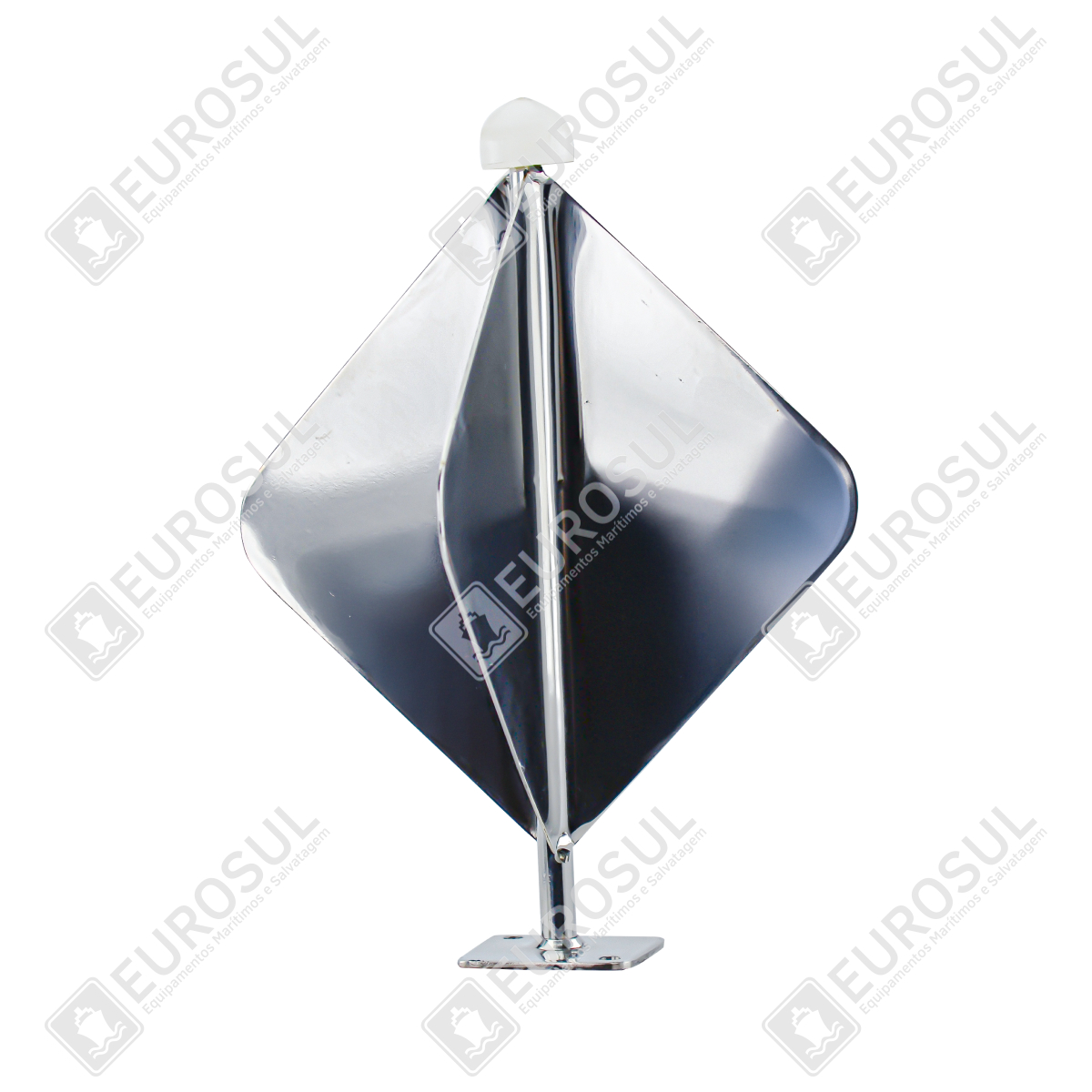 Refletor de radar em aço inox em vista frontal, mostrando sua estrutura robusta e design angular.