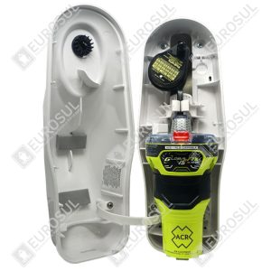 RLB-44 EPIRB with open float-free housing, front view showing internal components and safety features.