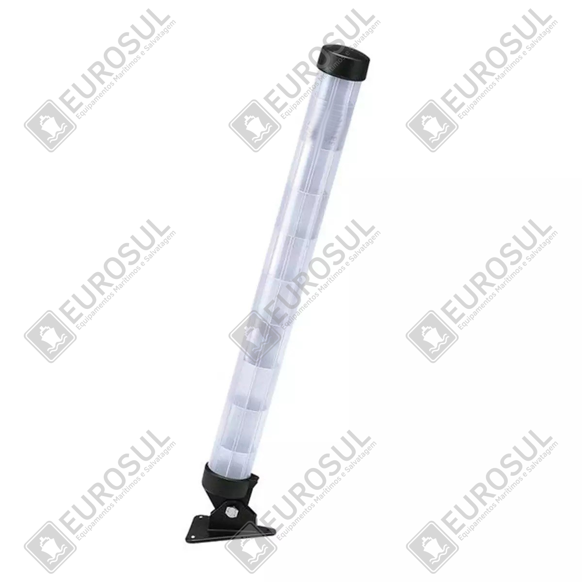 Radar Refletor Tubular Lalizas em vista lateral, mostrando sua estrutura cilíndrica e base de fixação preta.