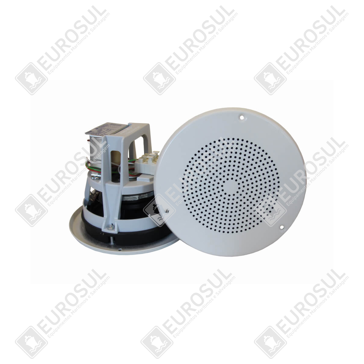 Alto-falante de teto B-560(T) visto de lado, mostrando grade frontal e estrutura traseira exposta.