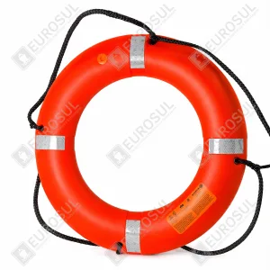 Orange Datrex lifebuoy ring with reflective bands and black rope