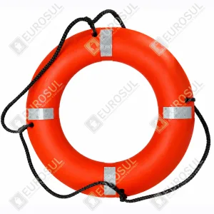 Boia salva-vidas circular laranja com cabo preto e faixas refletivas SOLAS