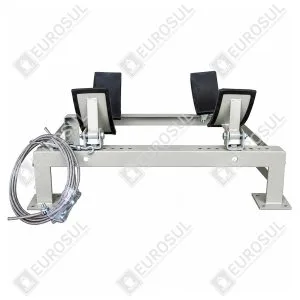 Galvanized cradle with mooring strap, side view, showing adjustable supports and robust metal frame.