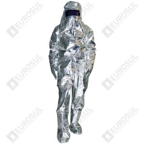 Roupa de Combate Incêndio DTX-F Aproximação vista frontal, tecido alumínio, completa com capuz e viseira.