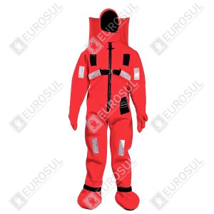 Roupa de imersão RSF-II vermelha em neoprene, vista frontal, com zíper central e refletores, capuz erguido.