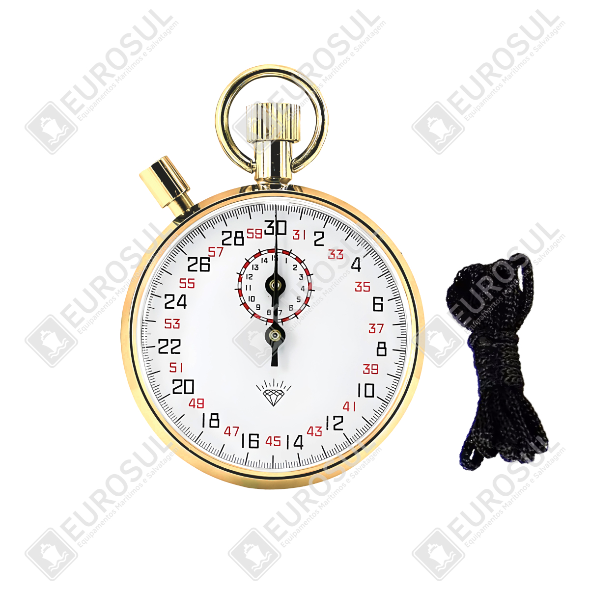 Cronômetro analógico dourado de frente, com cordão preto ao lado. Mostrador branco com detalhes em vermelho.