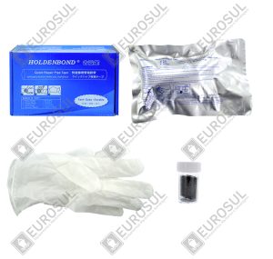Kit de Reparo Rápido FAST SEAL DRY WRAP em vista superior: caixa azul, embalagem prateada, luvas e frasco pequeno.