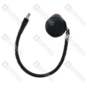 Válvula sobressalente SCBA RHZK HZGQF-I vista superior, conectada a um tubo preto com encaixe metálico.