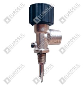 SCBA Cylinder Valve RHZK 300 BAR, side view, showing metallic body and black control knob; essential spare part.