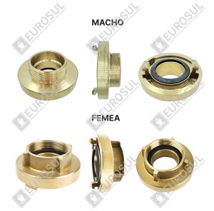 Adaptador Storz Rosca BSP em latão, vista superior e lateral dos modelos macho e fêmea, destacando o conector.