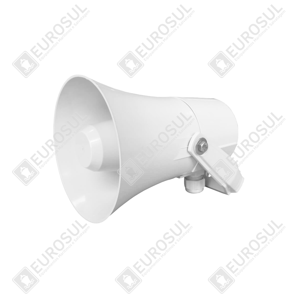 Corneta Fonoclama HP-10(T) branca, vista lateral, montagem em suporte. Proteção IP66/IP67.
