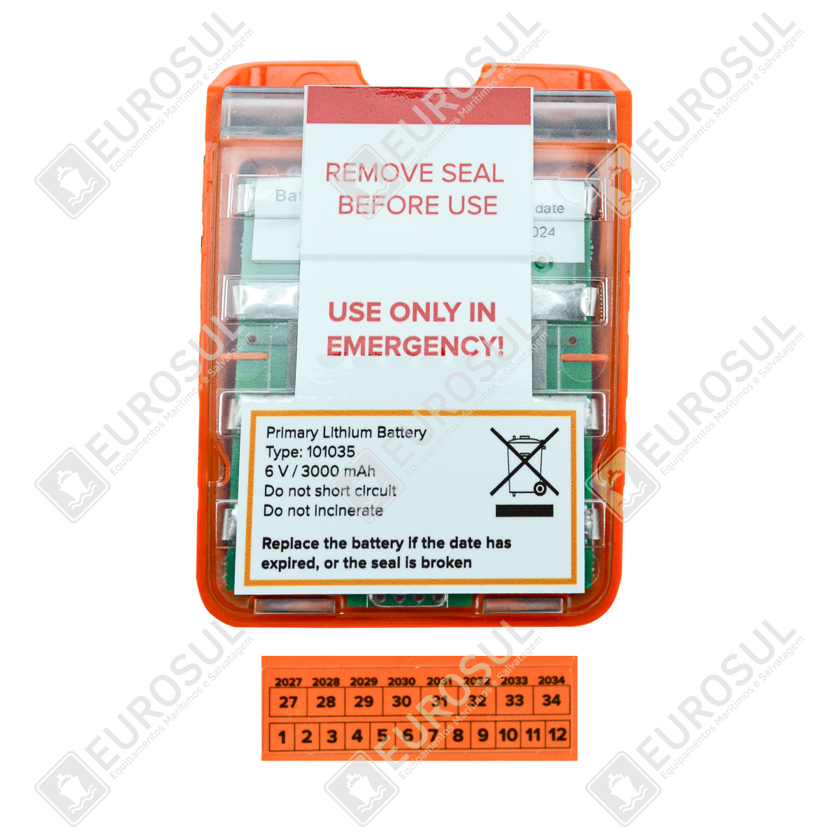 Bateria de Emergência Jotron TR30 vista de cima, com selo "Remove Seal Before Use" e instruções de segurança.