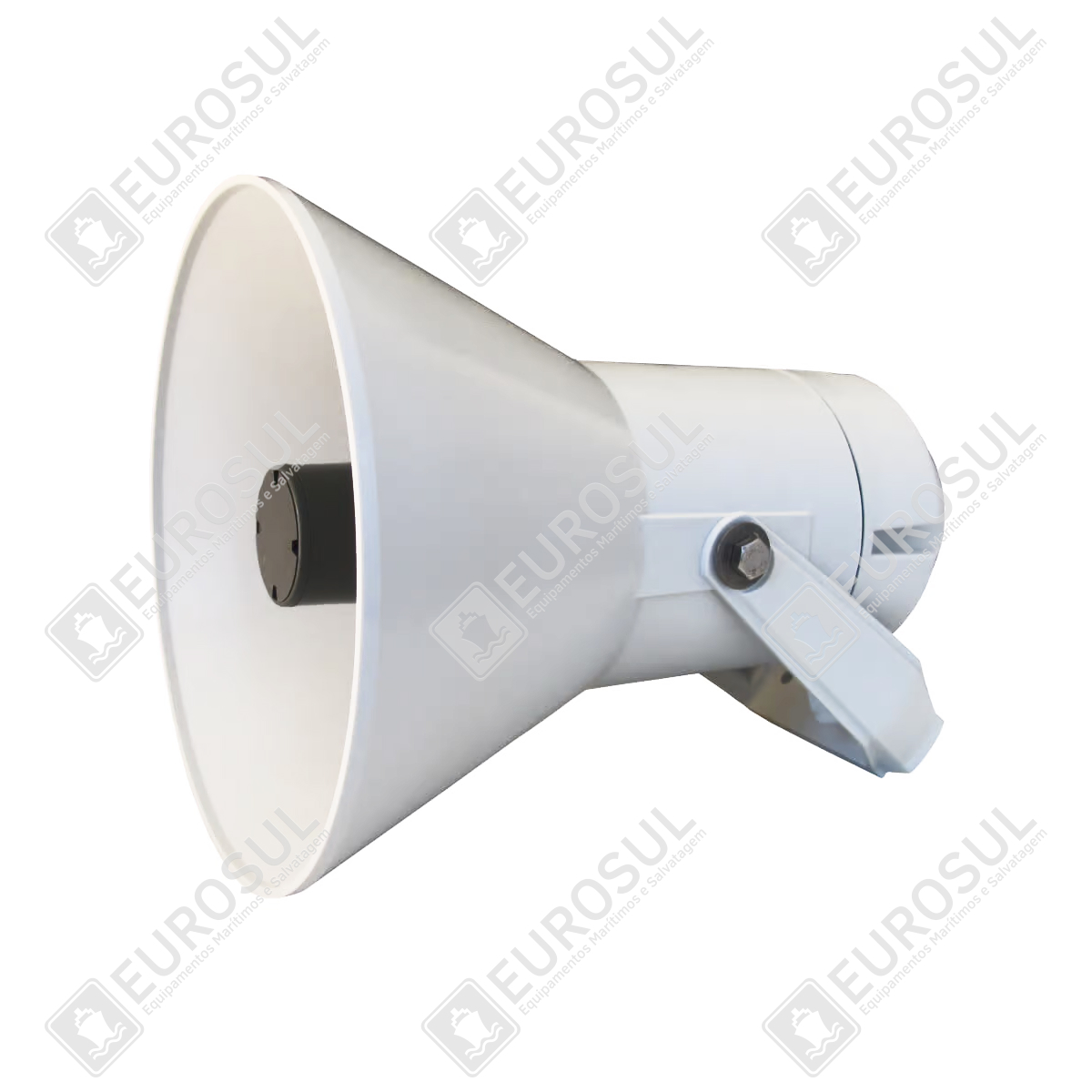 Corneta Fonoclame Antiexplosão HP-20(T) em ângulo lateral, cor cinza, com suporte visível.