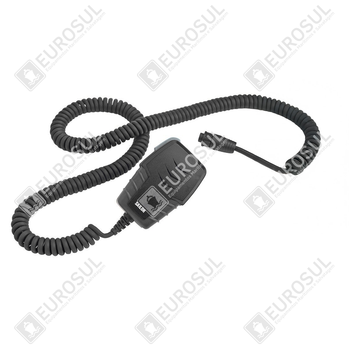 SAILOR HANDSET 6202, top view, coiled cable extended, showcasing waterproof design for VHF DSC radios.