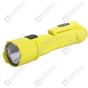 BrightStar Razor 60160 Lantern, side view, yellow, rubber button, clip, safety certified.