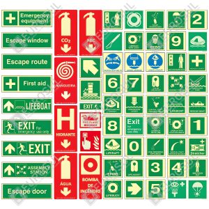 Adesivos fotoluminescentes marítimos, vista frontal, diversos ícones de segurança em verde e vermelho.