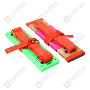 Marine bench components, top view; includes green plastic and wood parts, secured with orange straps.