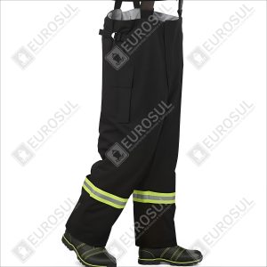 Side view of ZFMH0FZ Fangzhan Flowing Pants with reflective stripes and protective boots, designed for firefighting.