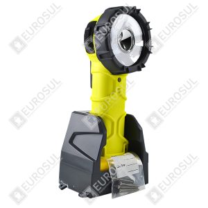 Bright Star Lantern, Safety Green, front angled view, showing ergonomic design and black base on a white background.
