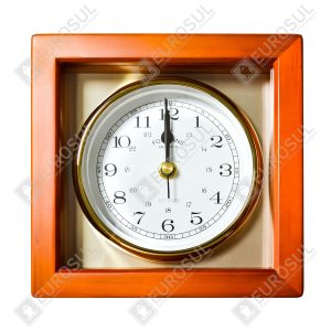 Nautical QM-10 chronograph, front view, in a square wooden frame with a white dial and black numerals.