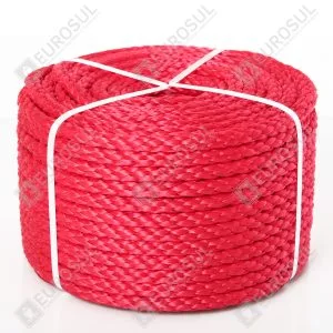 Coiled Toro™ 12-Strand HMPE mooring rope, angled top view, highlighting braided texture and red color.