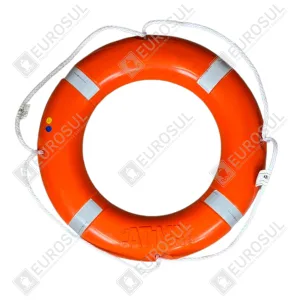 Boia salva-vidas circular laranja ATIVA com cabo branco e faixas refletivas.