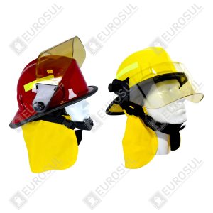 Red and yellow firefighter helmets side view, with visors and yellow neck protectors.