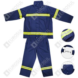 Roupa de Bombeiro ZFMH-FZ azul-marinho vista frontal, com faixas refletoras, detalhes em close das costuras e fechos.