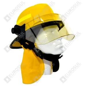 Capacete de bombeiro amarelo com viseira e proteção de nuca, modelo FHUSA01