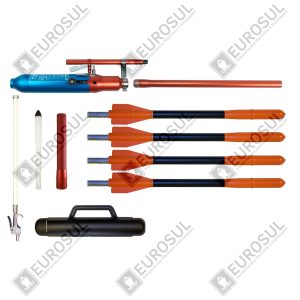 Lança Retinida Pneumática Restech PLT 230 vista de cima, com componentes dispostos, incluindo projéteis e cilindro azul.