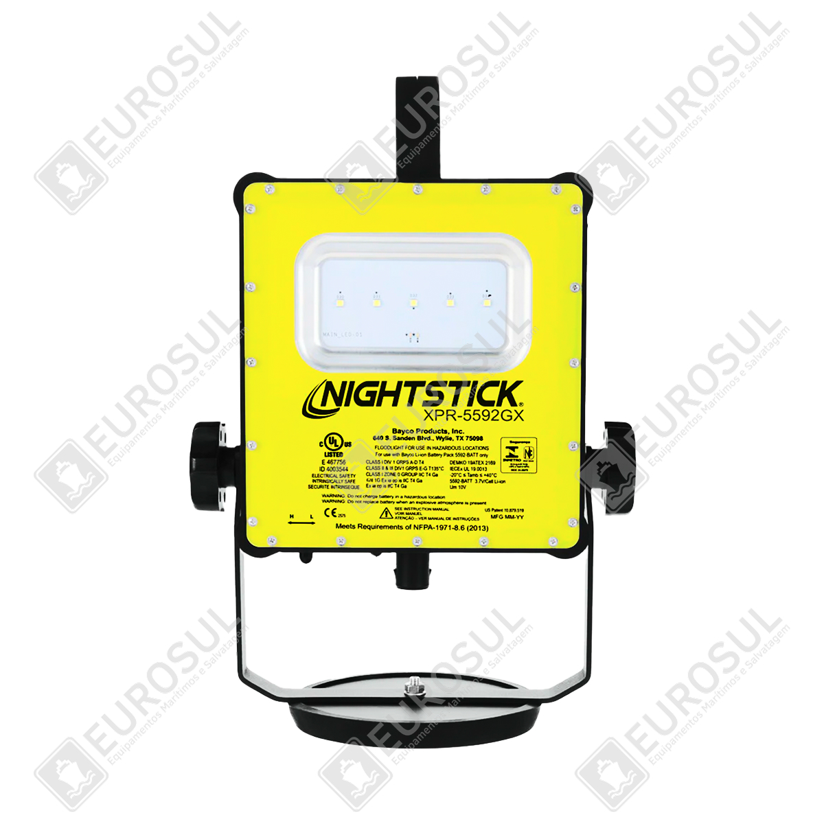 Front view of Nightstick XPR-5592GX LED work light with yellow casing and black magnetic base.
