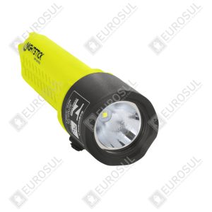 Lanterna LED Verde à Prova de Explosão IP67 vista lateral, corpo amarelo e cabeça preta com lente de foco.