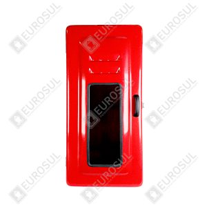 Red fiberglass fire extinguisher cabinet, front view, with smoked window and black handle.