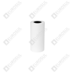 Bobina de papel térmico branco, vista frontal, em pé, com centro escuro, sobre fundo branco com marca d'água Eurosul.