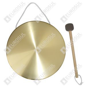 Gongo Chinês Original CCS, vista superior com bastão ao lado, refletindo luz.