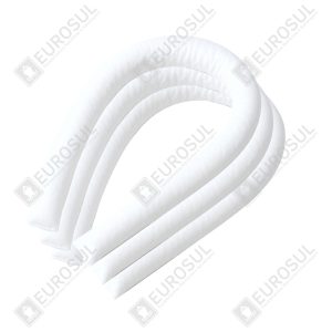 Cordão absorvente branco curvado, visto de cima, destacando material hidrofóbico e embalagem com 36 unidades.