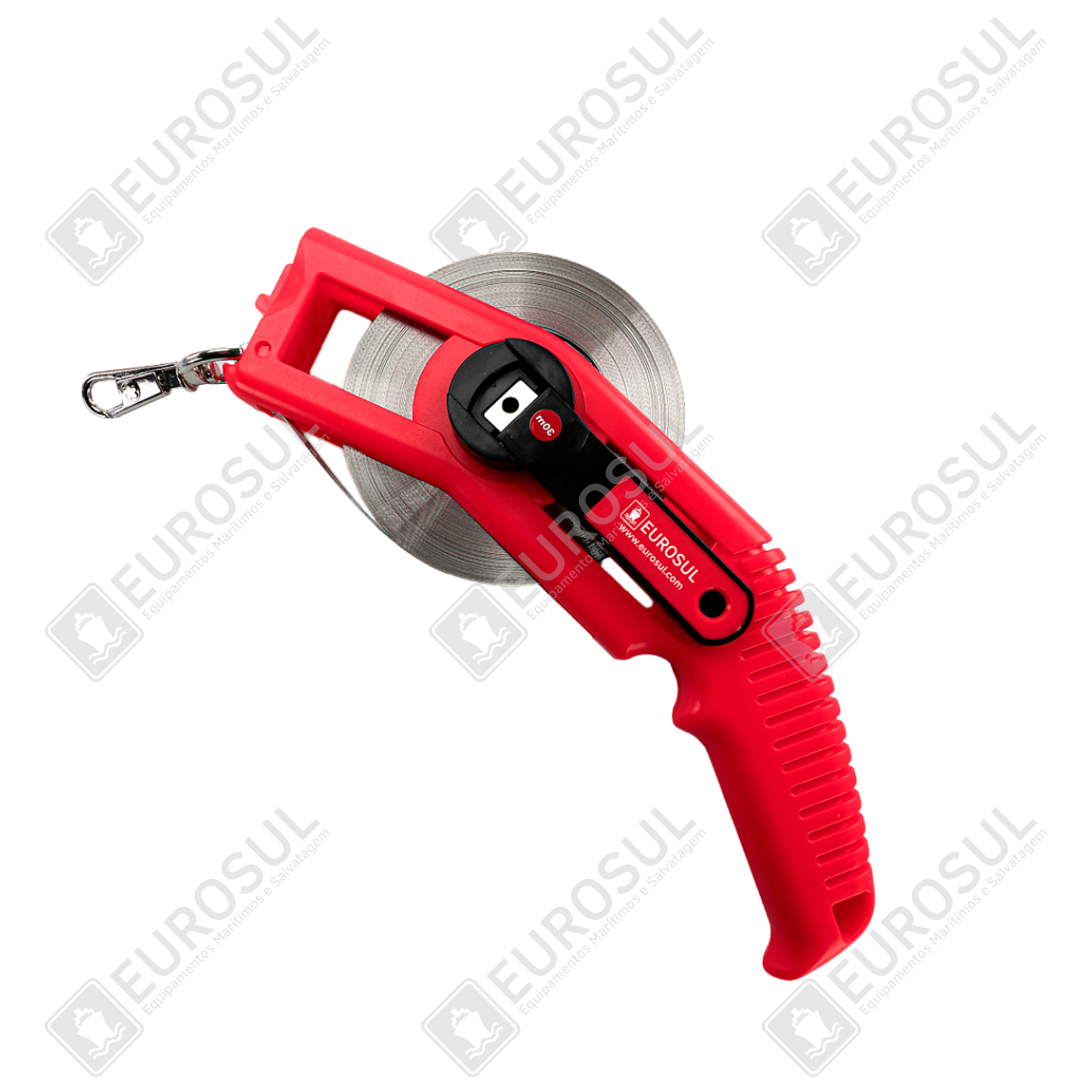Red Eurosul depth measuring tape with plastic handle, side view showing metal tape and clip.